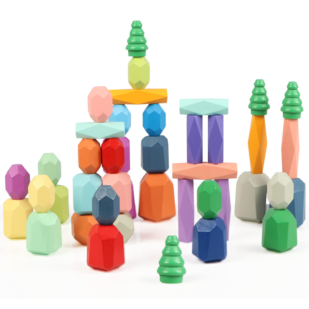 Jacootoys 42PCS Wooden Stacking Rocks, Montessori Toys for 1 2 3 Year Old, Educational Large Size Balancing Stones Building Blocks Toys Birthday Party Gift for Kids Boys Girls Age 3-5