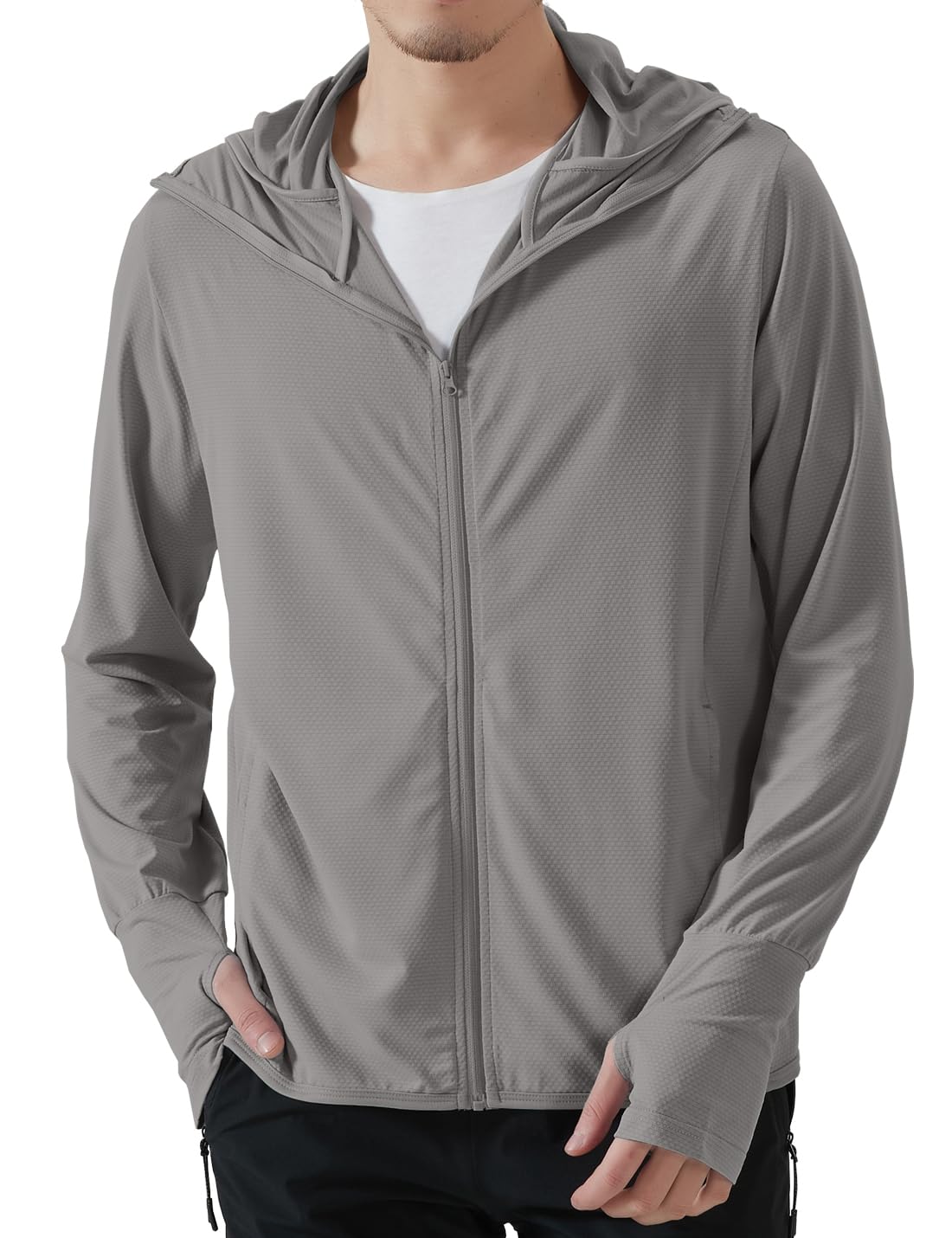 Locachy Men's UPF 50+ Sun Protection Outdoor Lightweight Full Zip Hoodie Jacket Long Sleeve Fishing Hiking Performance Shirt Grey XL