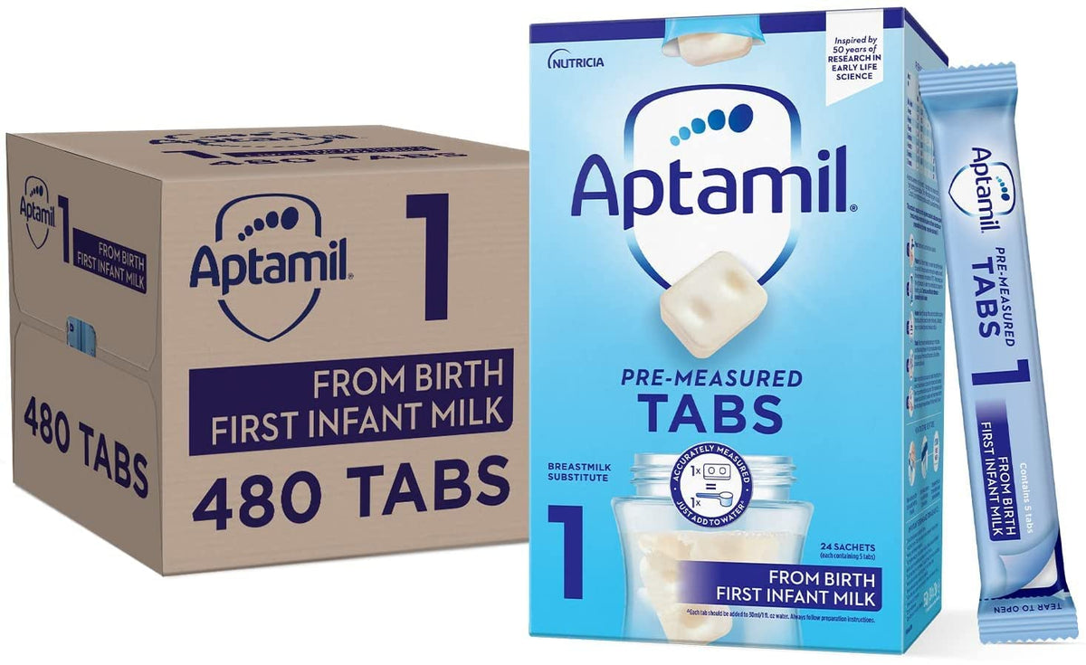 Aptamil 1 First Baby Milk Formula Pre-Measured Tabs, From Birth, 120 Tabs (Pack of 4) - 1 tab = 1 scoop (23g)