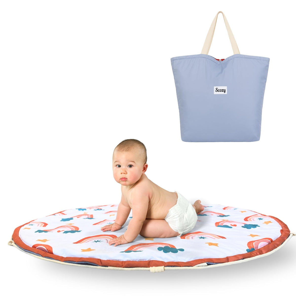 Baby Play Mat & Toy Storage Bag - 2-in-1 Foldable Activity Floor Mat and Organizer for Infants and Toddlers - Soft, Non-Toxic & Portable - Nordic Rainbow Design by Scozy