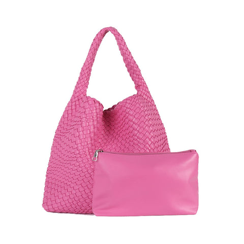 LMKIDS Women Vegan Leather Hand-Woven Tote Handbag Fashion Shoulder Top-handle Bag All-Match Underarm Bag with Purse, Rose Red