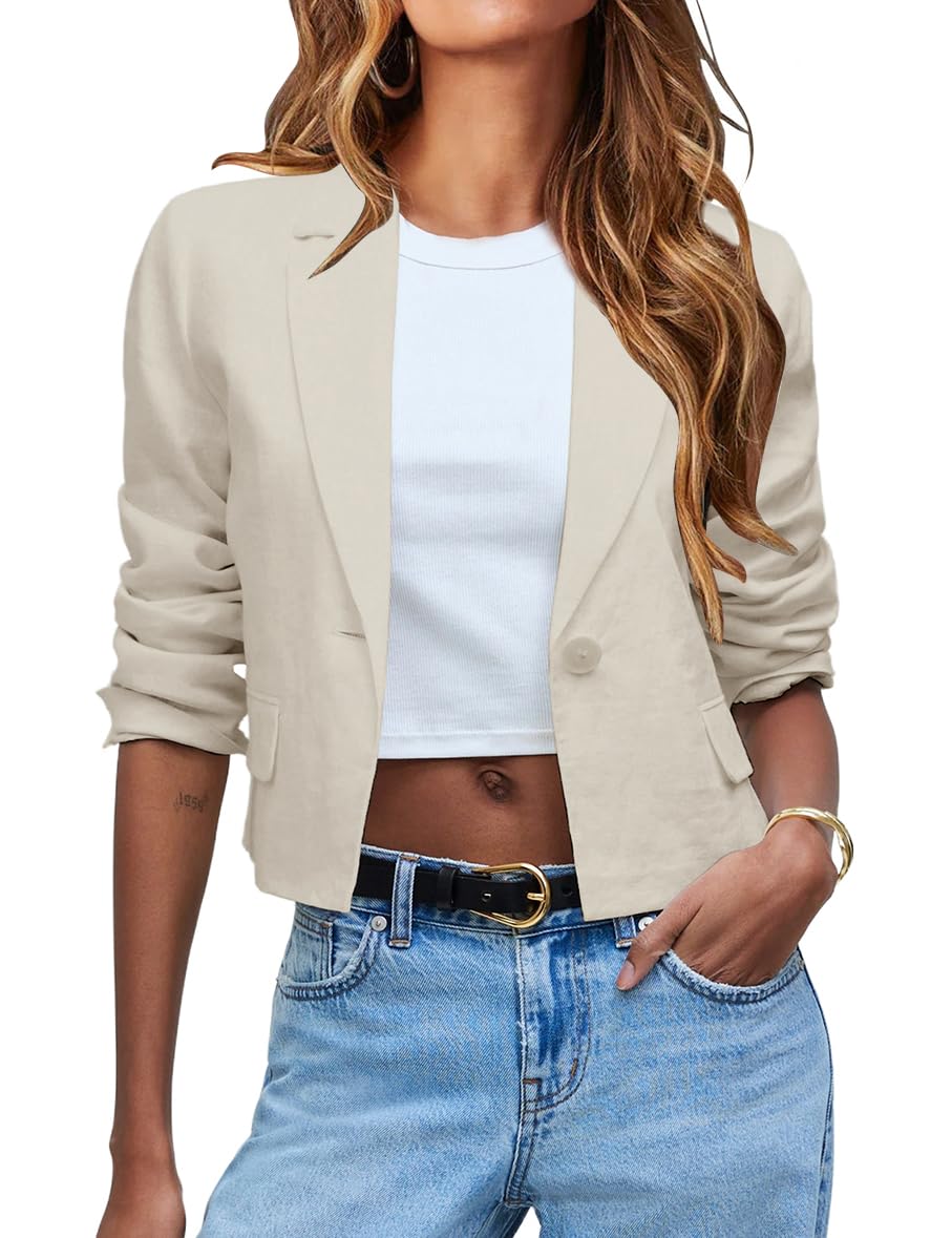 Cropped Linen Blazer Women 2024 Casual Lightweight Spring Jackets Summer Blazer Crop Cardigan Tops, Beige, S