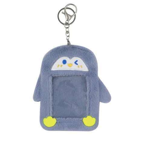 Fuzzy Plush Kpop Photocard Holder with Keychain, Cute Animals Photo Sleeve Bank ID Credit Card Holder Stationery, Grey Penguin, One Size, Cute