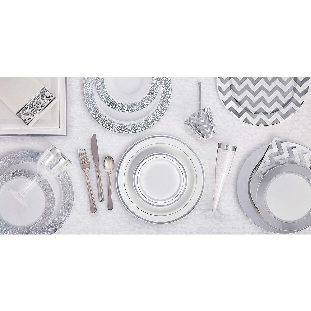 Elegant Square Plastic Plates with Silver Trim - 10" (Pack of 8) - Premium White Dinnerware - Perfect for Buffets, Parties, and Special Occasions