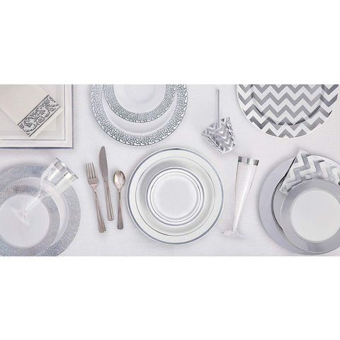 Elegant Square Plastic Plates with Silver Trim - 10" (Pack of 8) - Premium White Dinnerware - Perfect for Buffets, Parties, and Special Occasions