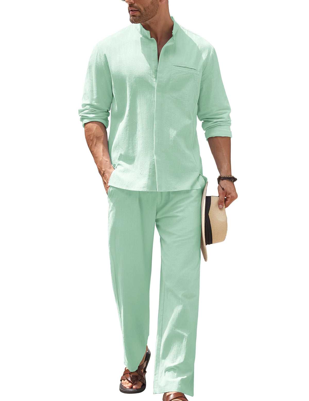 COOFANDY Men Linen Sets Outfits 2 Piece Summer Vacation Outfits Linen Pants and Shirt Set
