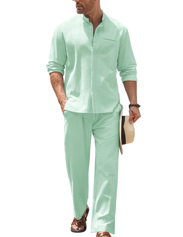 COOFANDY Men Linen Sets Outfits 2 Piece Summer Vacation Outfits Linen Pants and Shirt Set