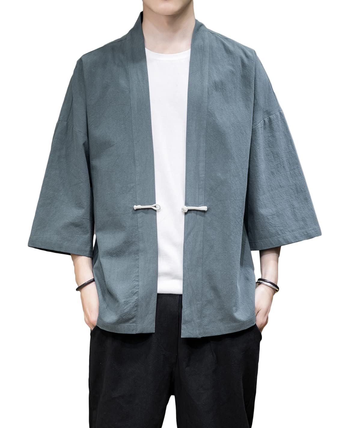 PRIJOUHE Men's Kimono Jackets Cardigan Casual Cotton Blends Linen Seven Sleeve Open Front Embroidery Coat