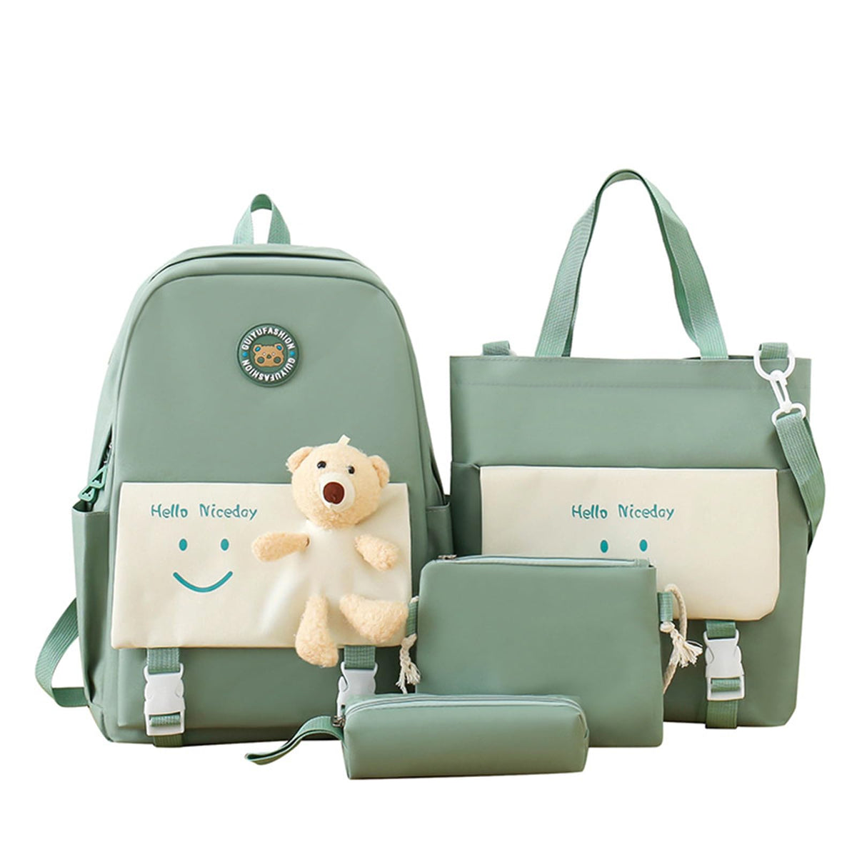 GLOOMALL Kawaii Kid Backpack 4Pcs Aesthetic Backpack Cute Teddy Bear School Bag and Shoulder Bag, Pencil Box, Tote Bag (Green)