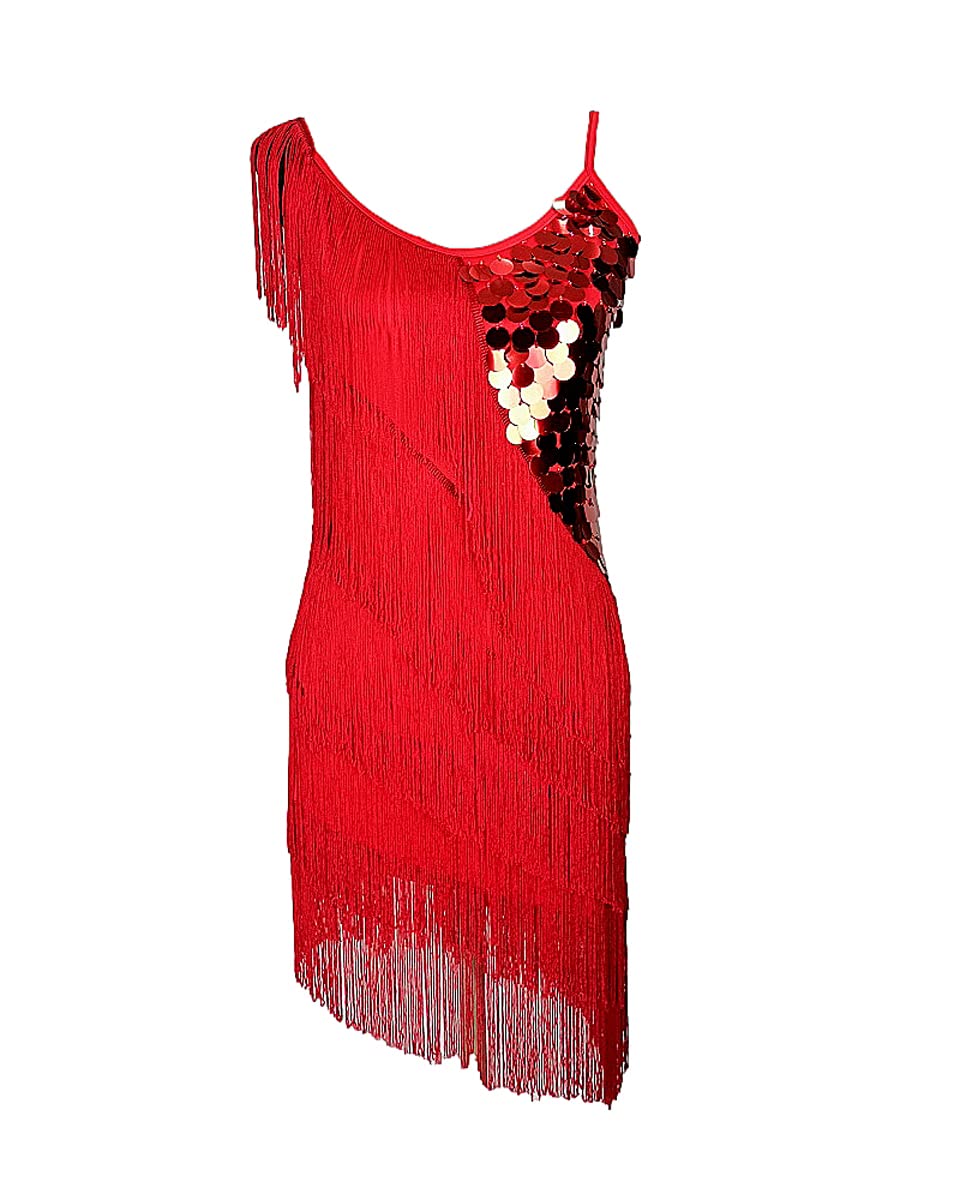 Grouptap Latin fringe tassel sequin dance skirt competition dress women size salsa samba cha cha wear (UK Women 4/6/8/10) (Red)