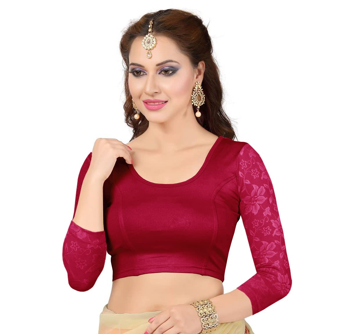 themilestocks TMS Women's Blouses Readymade Gold Stretchable Saree Crop Top Choli Free Size Sparkling (One Size (Can fit bust size 28''-38''), Deep Pink 3)