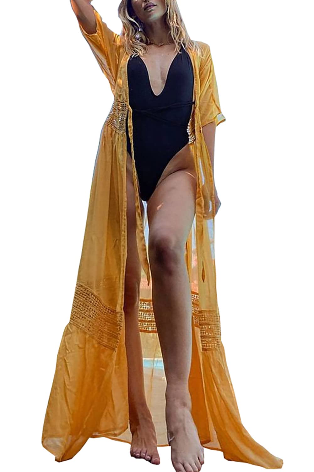 YouKD Women's Bohemian Cardigan Maxi Dress Beach Coverup Robe Long Kimono Robs One Size Yellow