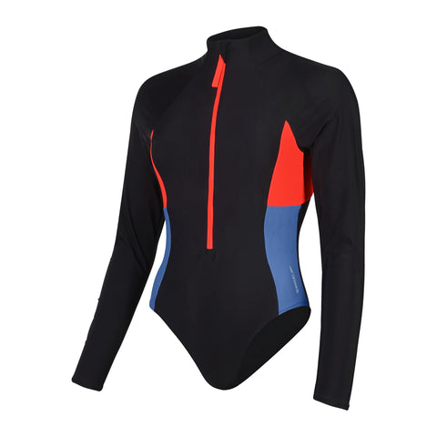 Speedo Women's Long Sleeve Zip Colourblock 1 Piece Swimsuit | One Piece | Swim Fitness, Dragon Fire, XS