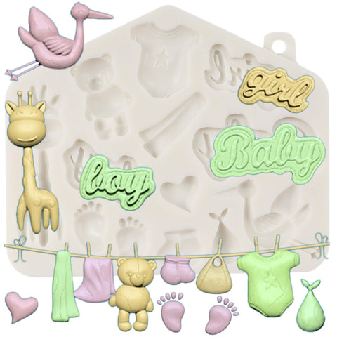 MINFEIDMS Baby Silicone Fondant Mould Baby Shower Theme Cupcake Moulds Baby Feet Giraffe Baby Clothes Mould for Cake Decoration Cupcake Topper Sugar Craft Chocolate Candy Chewing Gum Paste Polymer