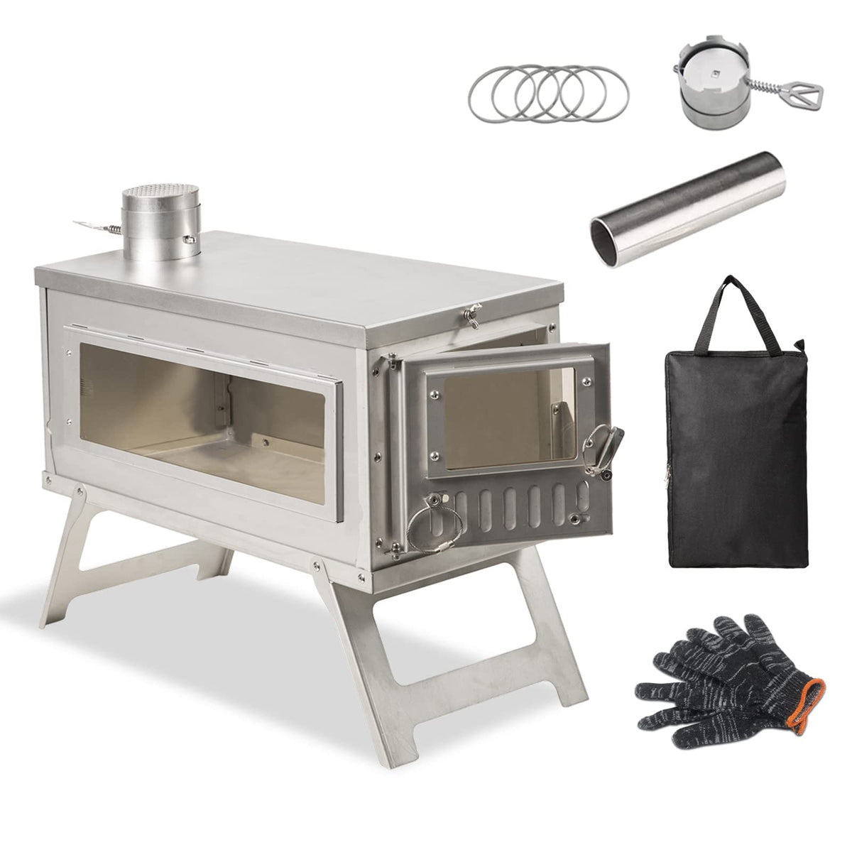 Ipalmay Ultralight Camping Stove Portable Wood Burning Stove for Tent, Camping, Outdoor Cooking, Hunting, Ice Fishing, 16.6 IN Outdoor Wood Stove with Foldable Chimney