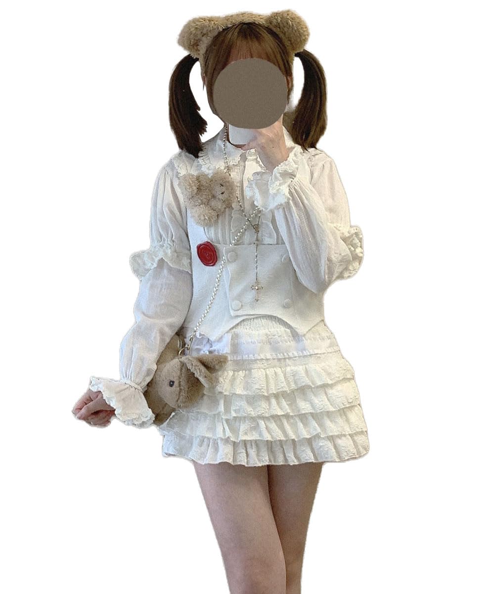 OATSBAS Elastic Waist Lolita Cake Mini Skirts for Women Girls High Waist Pleated Skirt Y2K Layered Skirt (One Size,White)