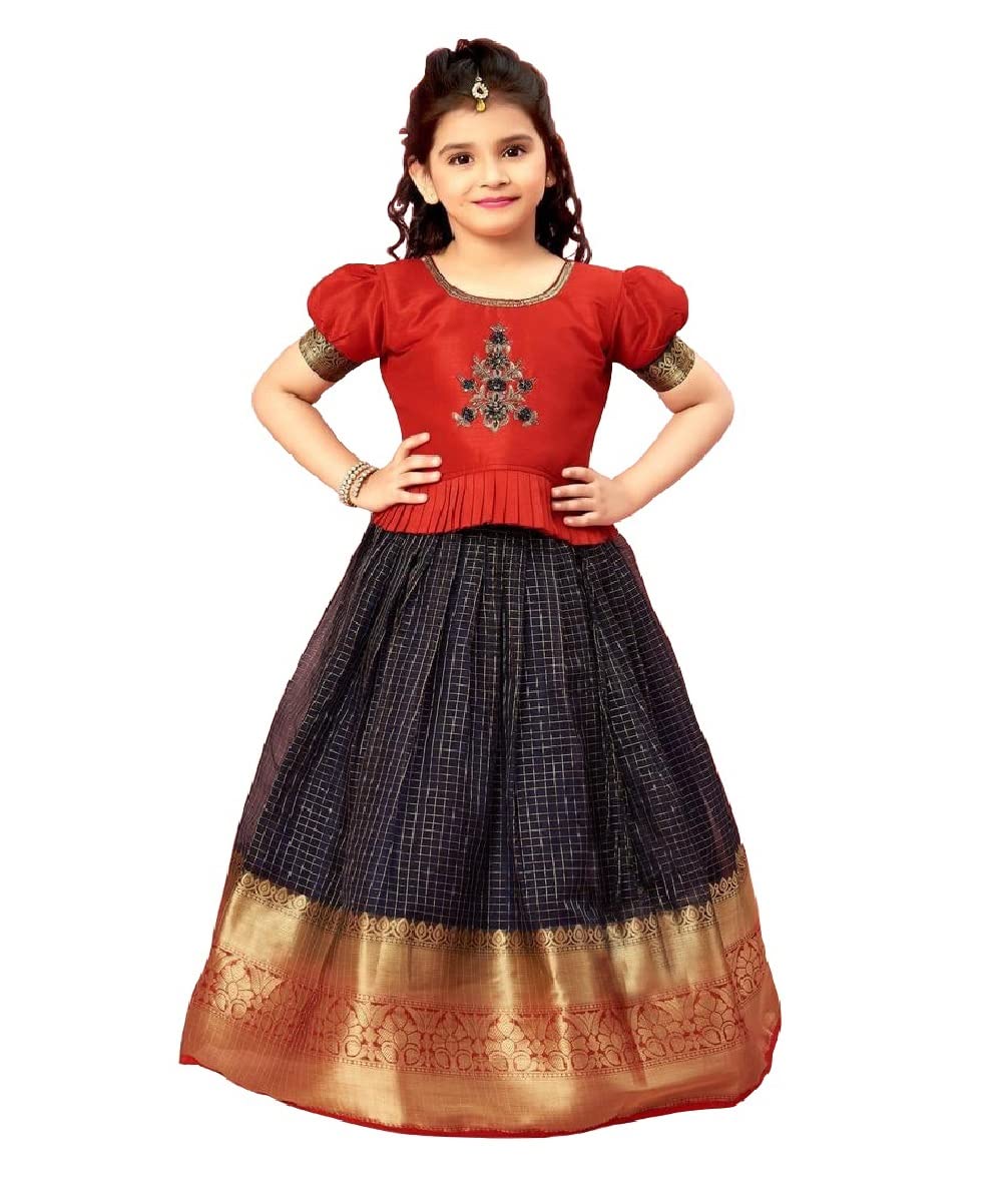 Wommaniya Impex kids new Tissue checks readymade Lehenga choli for girls dress (7-8 Years, Red Blue), Red Blue, 7 Years-8 Years