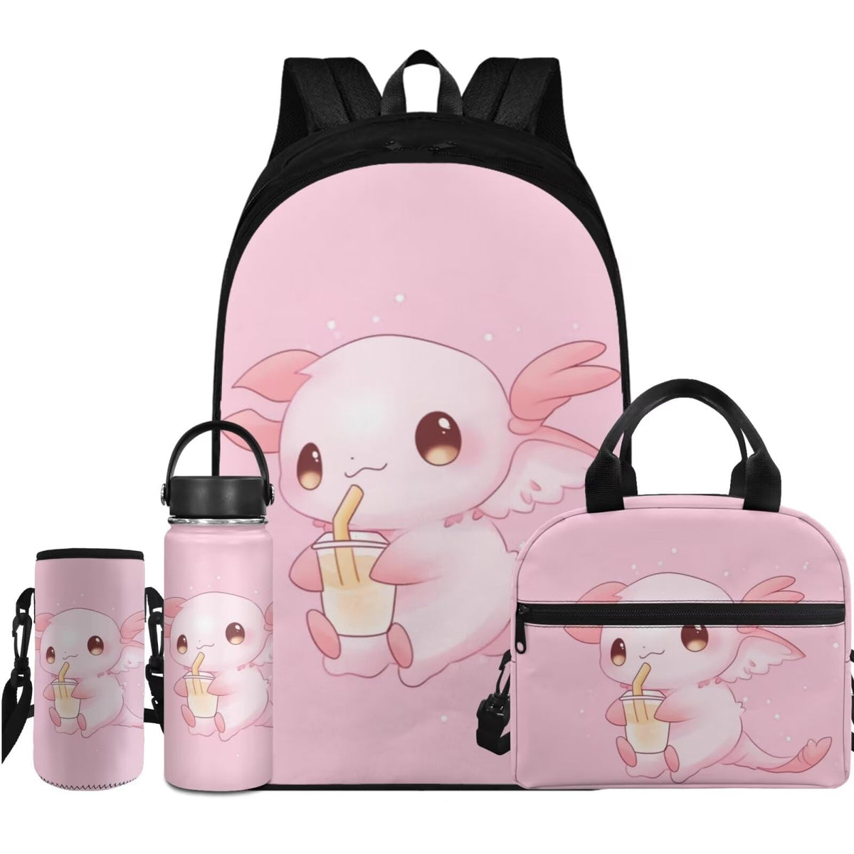 Flashideas Cute Axolotl Backpack School Set 4Pcs Insulated Water Bottle 18oz Water Bottle Portable Lunch Bag Water Bottle Holder with Strap Girls Backpacks Ages 6-18 Sports Bookbag Back Pack
