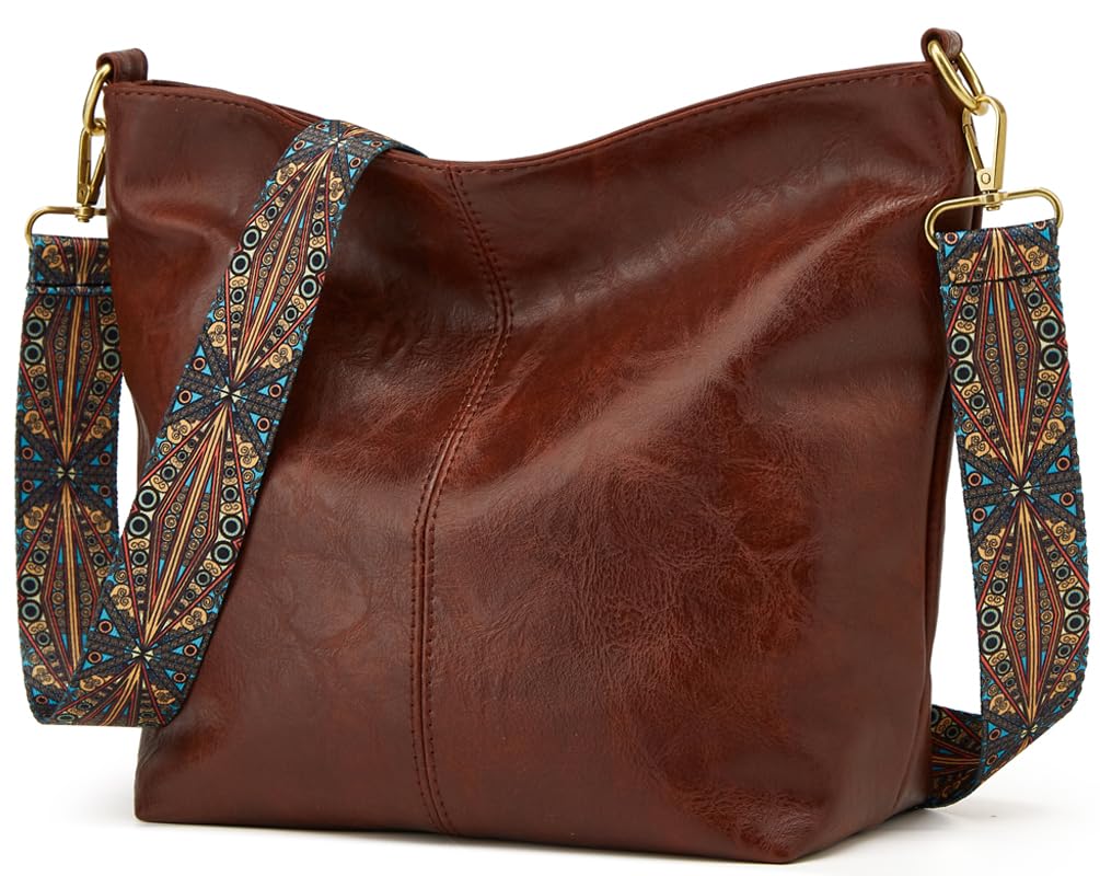 Hobo Bag for Women Crossbody Handbags Large Designer Ladies Bucket Purse PU Leather Shoulder Bags with Wide Shoulder Strap, Dark Brown, One Size