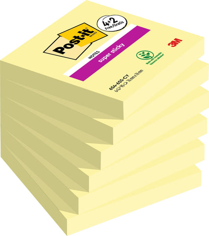 Post-it Super Sticky Notes, Canary Yellow, 76 mm x 76 mm, 90 Sheets/Pad, 4 + 2 Free Pads/Pack, 654-SSCY-P4+2