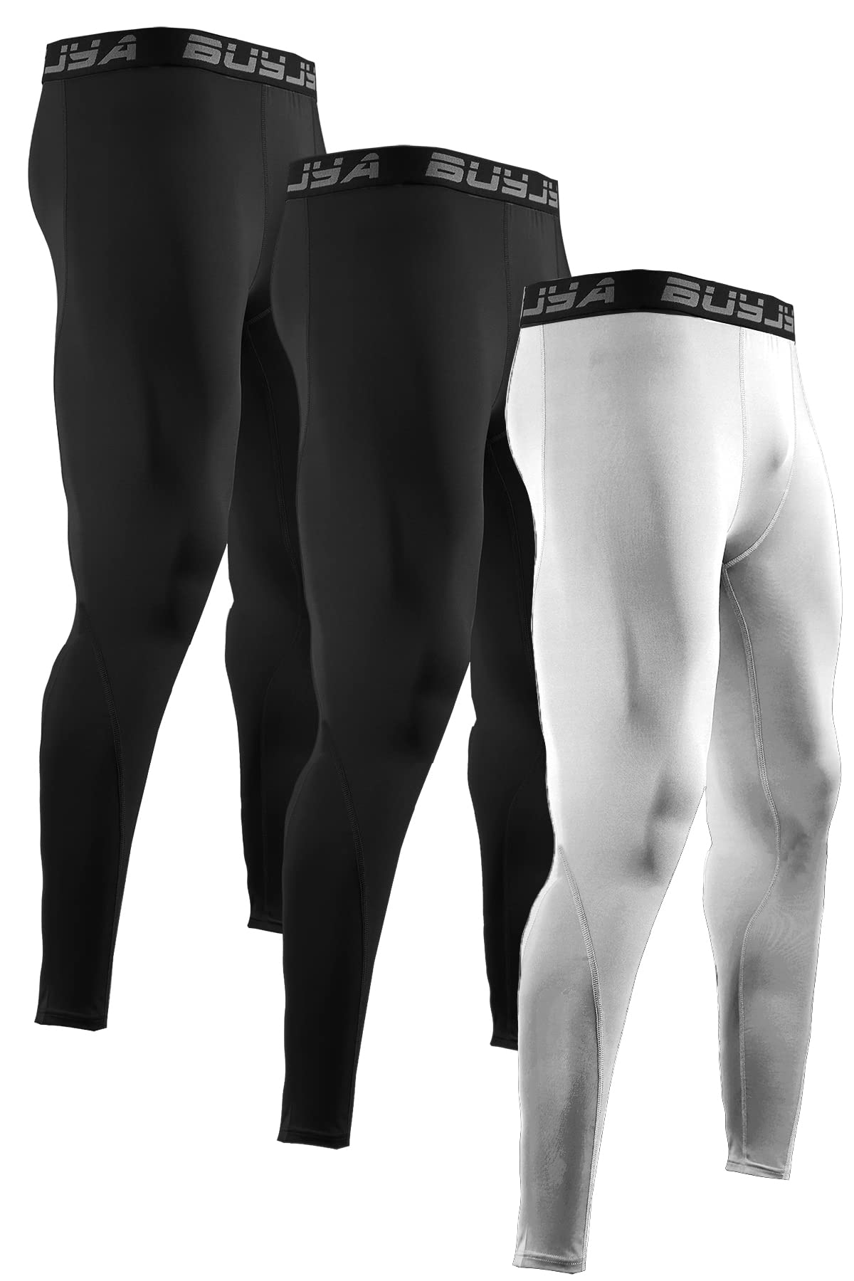 BUYJYA 3 or 5 Pack Men's Compression Pants Running Tights Workout Leggings Athletic Cool Dry Yoga Gym Clothes Gift, Black-black-white, Large