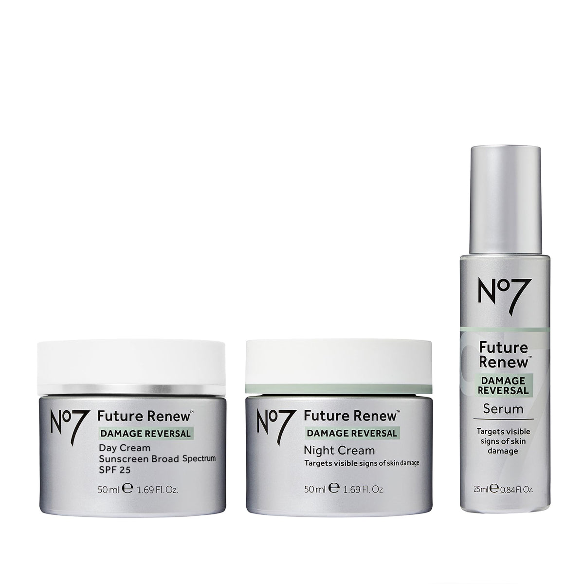 No7 Future Renew Damage Reversal Skincare Set - Anti Aging Face Serum (.33 Fl Oz), Day Cream with SPF 25 (1.69 Fl Oz) & Night Cream (1.69 Fl Oz) - Reverses Visible Signs of Aging - 3-Piece Set