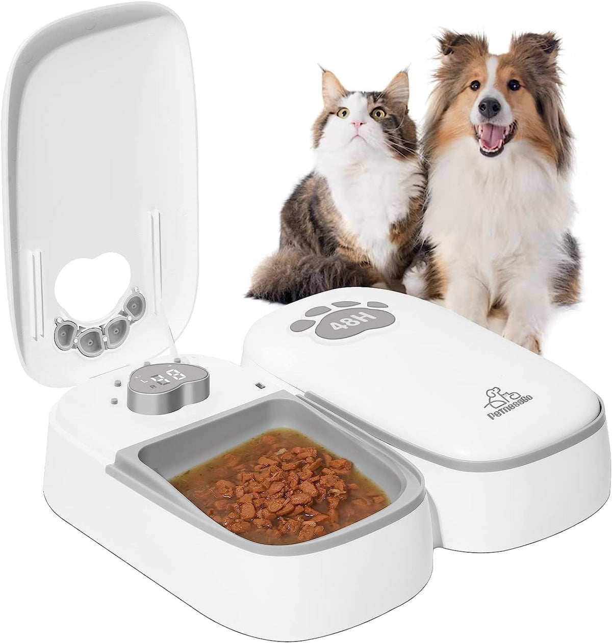 Automatic Pet Feeder for Cats and Dogs, 2 in 1 Upgraded-chip Timed Dry Pet Food Feeder with Display, 48 Hours Retain Freshness for Semi Wet Food, Healther Meal for All Home Pets.