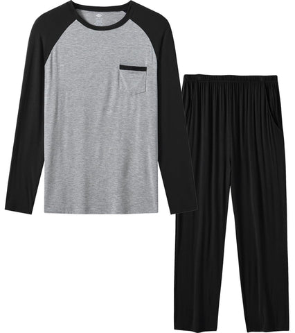 MoFiz Mens Pajama Set Modal Sleep Nightwear Lightweight Quick Dry Long Sleeve Crewneck Pjs Sleep Set with Pockets Color Match Pyjama Set Black X-Large