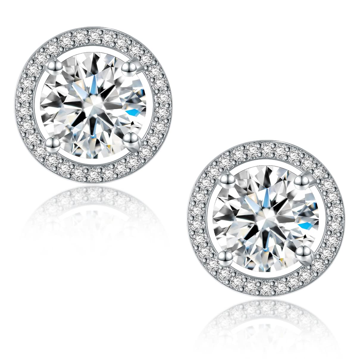 2CT Moissanite Stud Earrings, Halo Round D Color Ideal Cut Lab Created Diamond 18K White Gold Plated Earrings for Women with Certificate of Authenticity