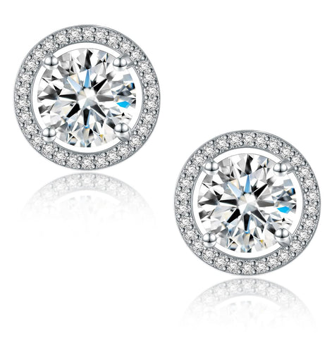 2CT Moissanite Stud Earrings, Halo Round D Color Ideal Cut Lab Created Diamond 18K White Gold Plated Earrings for Women with Certificate of Authenticity