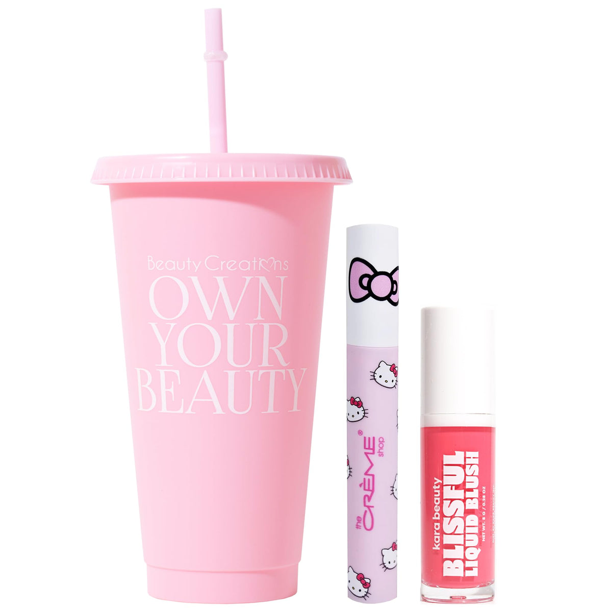 Glam Lux Beauty Bundle Pink Tumbler Gift Set The Creme Shop X Hello Kitty Lash Luv Mascara Super Volume Lengthening & Blissful Liquid Blush