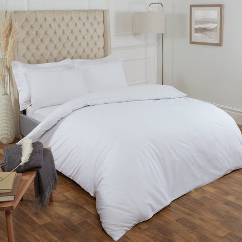 Highams 100% Pure Cotton Duvet Cover with Pillow Case Plain Dye Bedding Set - White, Double