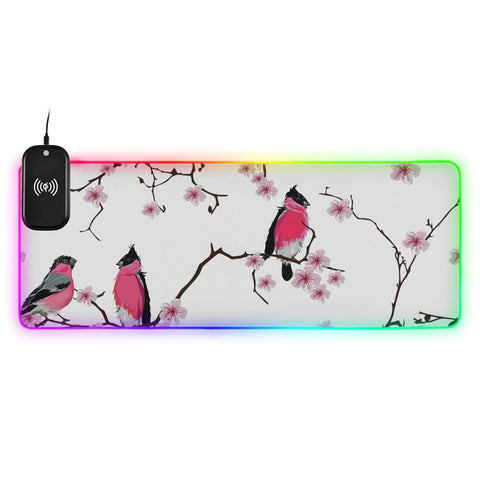 Branch Birds Blossom Wireless Charging Mouse Pad for Mobile Phone Extra Large Gaming Mousepad with 13 Lighting Modes Computer Mat for Gaming MacBook PC Laptop Desk Home Office