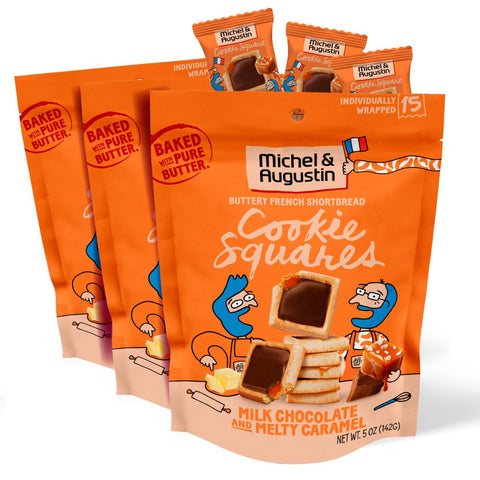 Michel et Augustin Gourmet Chocolate Cookie Squares, Milk Chocolate & Caramel, Individually Wrapped European Cookies, 3-Pack, 15 French Shortbread Cookies per Bag