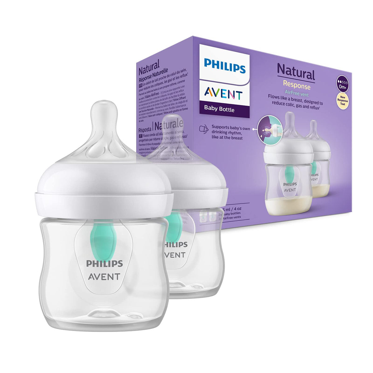 Philips Avent Natural Response Baby Bottle - 2X 125ml Baby Milk Bottle with AirFree Vent, BPA Free for Newborn Babies Aged 0 Months+ (Model SCY670/02)