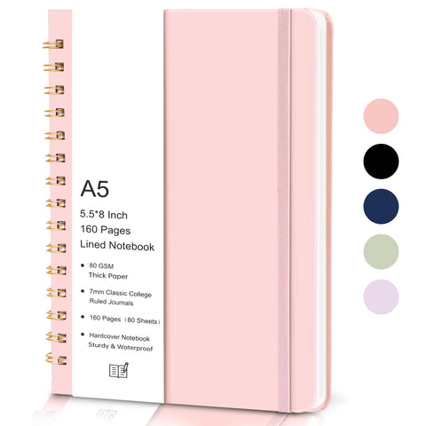 EOOUT Hardcover Spiral Notebook, A5 Lined Pink Notebook for Women, 5.5 x 8in 80 Sheets 160 Pages Spiral Journal Notebook for Work, Note Taking, Writing (Pink)