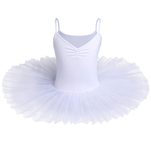 IBAKOM Children's Girls' Ballet Dress Swan Lake Costume Dance Tutu Dress V-Neck Camisole Jersey Dance Wear Ballerina Gymnastics Spaghetti Straps Sleeveless Dance Outfit, White, 13-14 Years