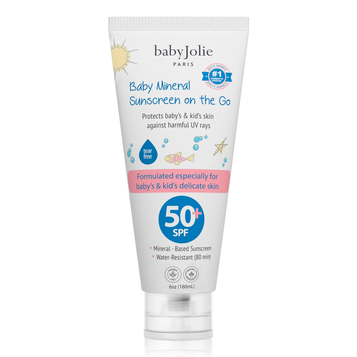 Baby Mineral Sunscreen SPF 50 - by Baby Jolie Paris, Water Resistant, Natural Formula for sensitive skin | 6oz (180ml)