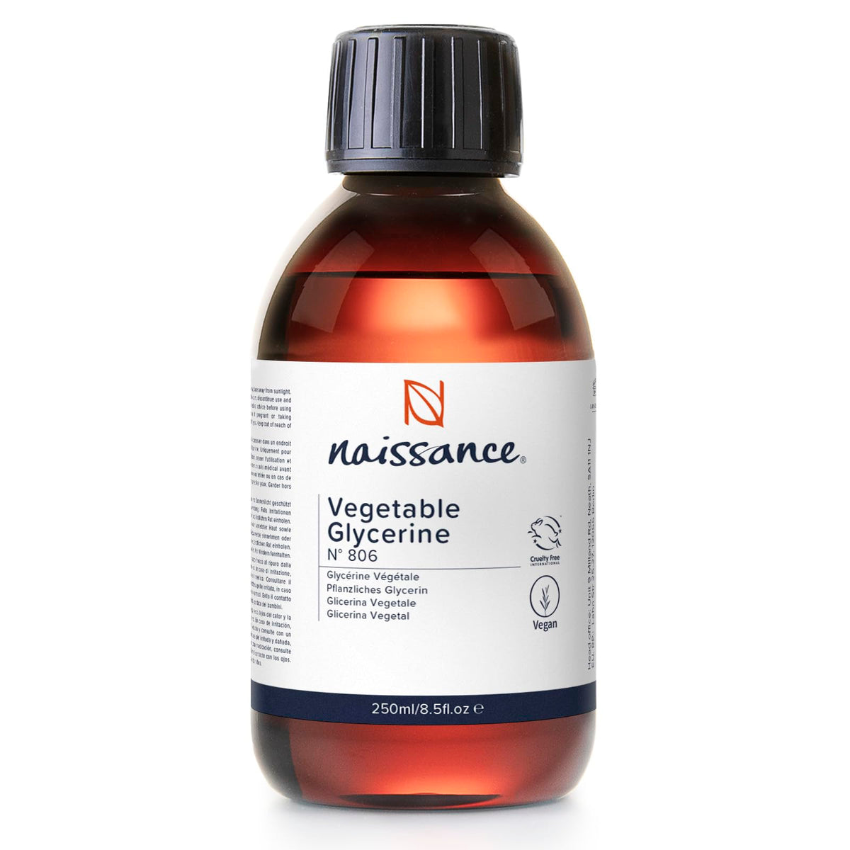 Naissance Vegetable Glycerine (Glycerol) Liquid (no. 806) 250ml - 100% Pure & Natural, Premium EP/BP/USP Pharmaceutical & Food Grade, Vegan, No GMO, Natural Humectant, Fragrance Free