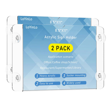 Acrylic Window Sign Holder,Clear Acrylic Frames with 4 Suction Cups,Wall Mount Advertising Signage Sign Holder for Glass Door Mall, Office, Home, Store, Restaurant (2 Pack, 11" x 8.5")
