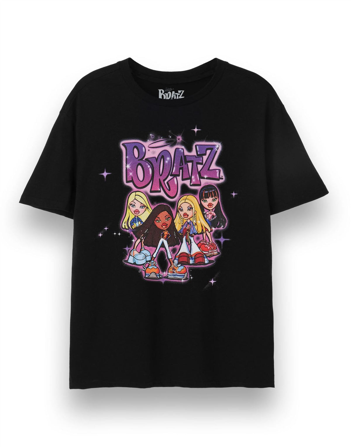 Bratz Womens T-Shirt | Ladies Airbrushed Short Sleeve Graphic Tee in Black | Y2K Classic Airbrush Style Artwork Sasha Jade Cloe Yasmin Apparel Top | Nostalgic Doll Character Merchandise Gift