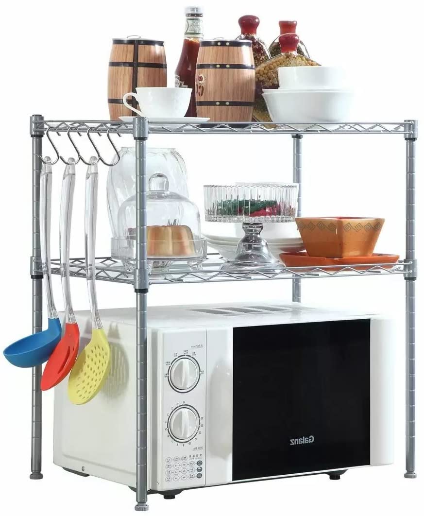 Voroly 2-Tier Space Saving Height Adjustable Kitchen Microwave Oven Dish Organizer Racks Shelf with 6 Hooks - Steel (6 Month Warranty)