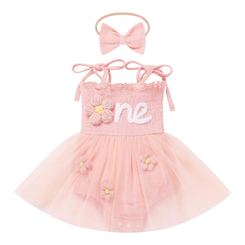 FYMNSI First Birthday Outfit Girl, Baby Girl's 1st Birthday Outfit I'm One Year Old Party Cake Smash Photo Shooting Props Spaghetti Strap Tutu Princess Romper Dress Headband Summer Pink Flower 6-12M