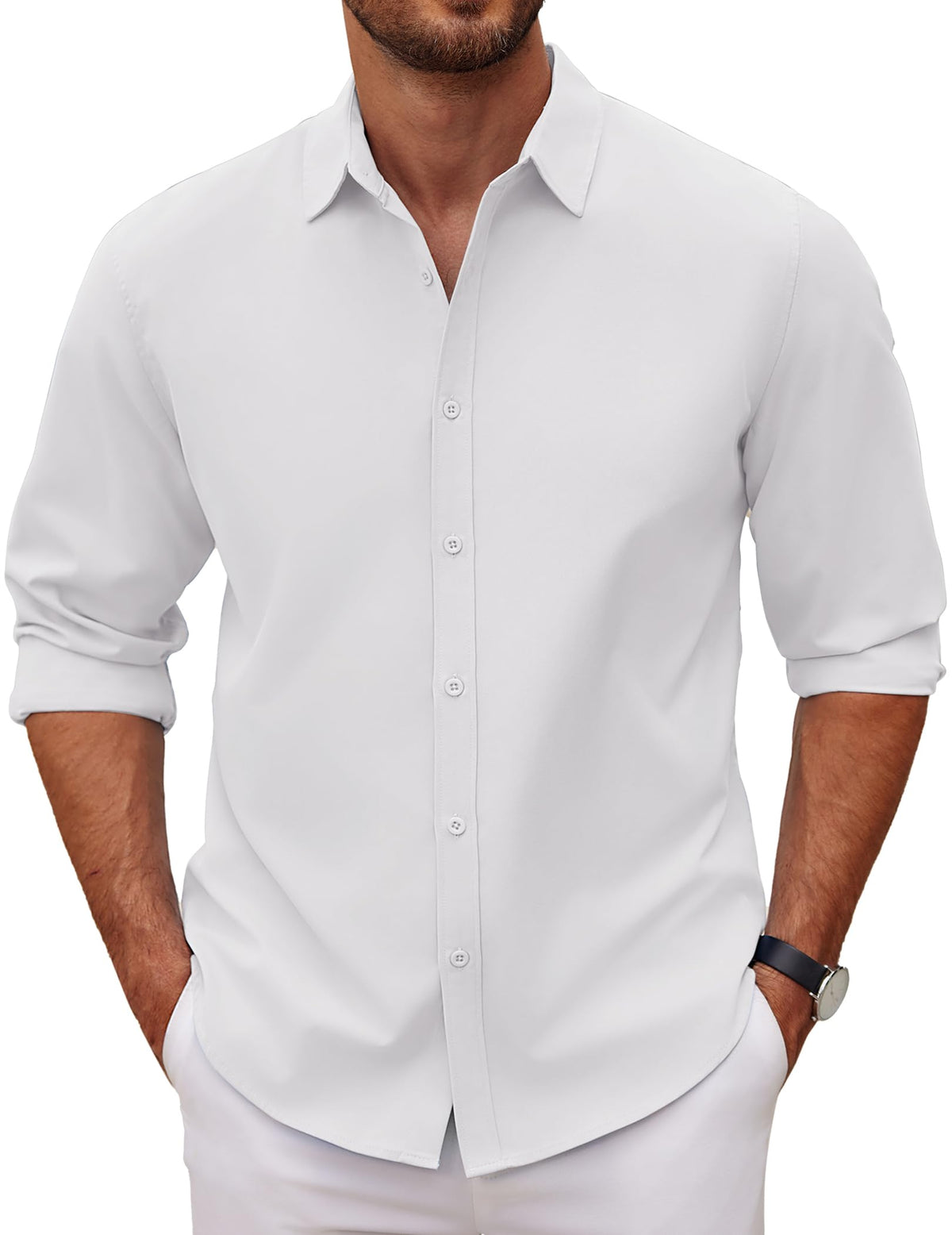 COOFANDY Mens Casual Business White Dress Shirt Long Sleeve Solid Formal Shirts Chambray Button Down Shirt