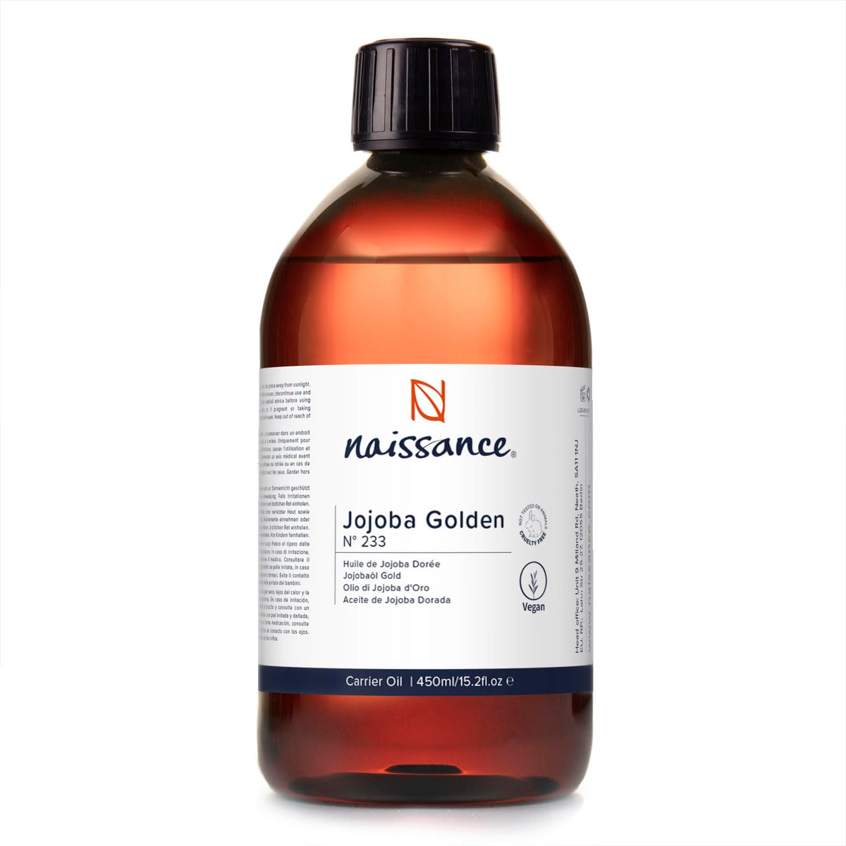 Naissance Golden Jojoba Oil (no. 233) - 450ml - for Skin, Face, Beard, Nails, Hair, Body, Scalp - Massage, Aromatherapy, Natural DIY Beauty