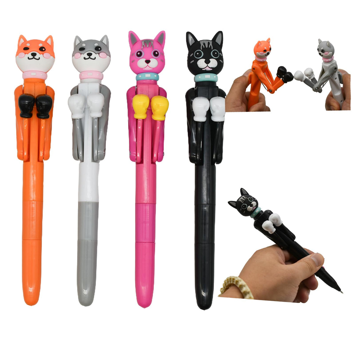 Lopenle 4 PCS Cool Boxing Cat Pens Funny Catty Ballpoint Pens Novelty Animal Boxing Pens With Blue Ink For School Office Birthday Party