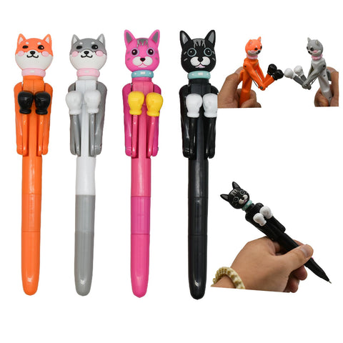 Lopenle 4 PCS Cool Boxing Cat Pens Funny Catty Ballpoint Pens Novelty Animal Boxing Pens With Blue Ink For School Office Birthday Party