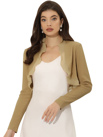 Allegra K Women's Elegant Crop Shrugs Long Sleeve Textured Open Front Ruffle Bolero Shrug Khaki M