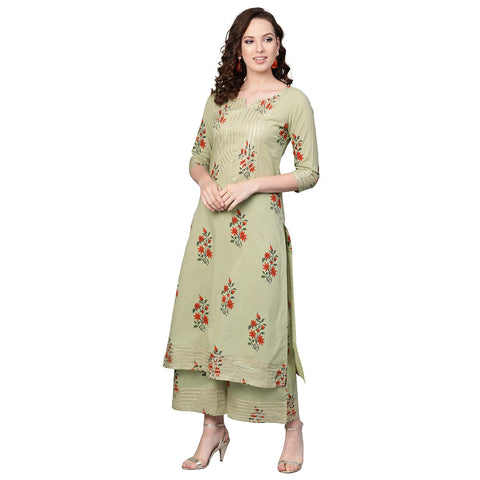 Idalia Women's Cotton Printed Kurta Set L Sage Green