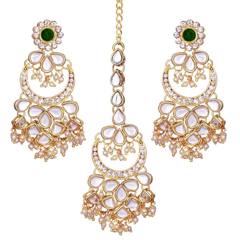 Aheli Kundan Pearl Chandbali Earrings with Maang Tikka Indian Traditional Bollywood Fashion Jewelry Set for Women Girls